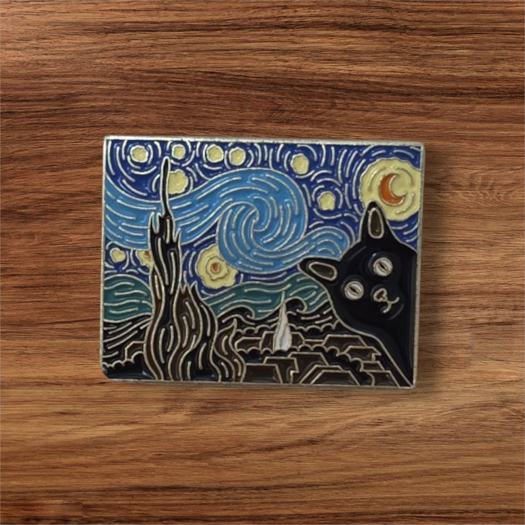 Pin de la noche estrellada con un gatito